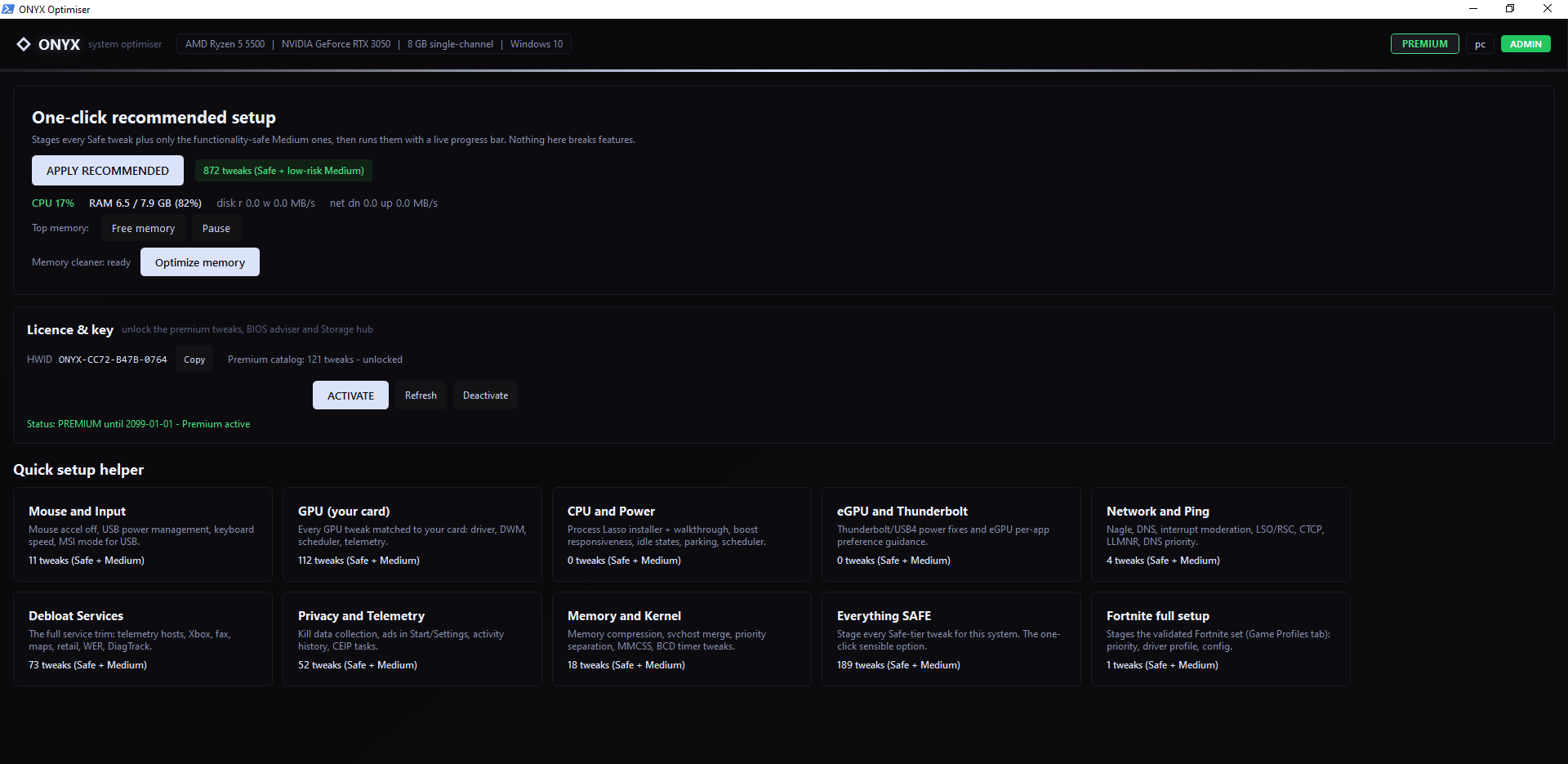 ONYX Optimiser — premium dashboard with one-click setup and licence card
